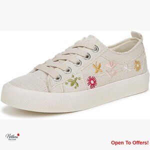 Canvas Sneakers with Embroidery Details, Lace-Up Casual Walking Shoes